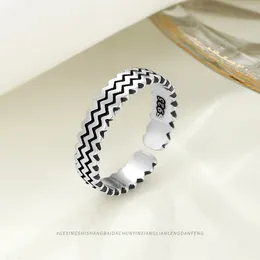 Cluster Rings Korean Style S925 Silver Wave Pattern Ring Unique Retro Design Water Ripple Opening Fashionable Jewellery For Women