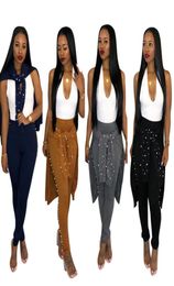 2018 Women Casual Beads Twopiece Pants Solid Scoop Neck Long Sleeve High Waist Peplum Long T Shirt and Pant Set Lady Two Piece Ou4667552