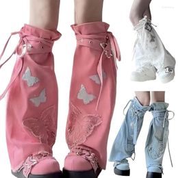 Women Socks 90s Butterfly Appliques Denims Boot Cover With Buckled Belted And Chain For Harajuku Punk Leg Warmer Long Sock