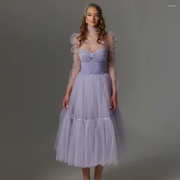 Casual Dresses See Through High Neck Long Sleeve A-line Midi Length Prom Dress Lavender Elegant Women Clothing Ever Pretty Gown Birthday