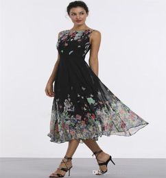 New long printing evening dress floral long skirt tshirt sleeveless midi Aline dress big swing skirt245r8826363