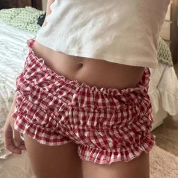 Xingqing Red and White Plaid Shorts y2k Clothe Elastic Waist Ruffles Cake Bottoming Sweet Girl Lolita Pettipants 240507