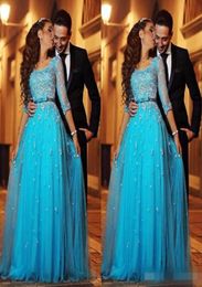 Blue Lace Arabic Evening Dresses Scoop Half Sleeves Aline Tulle Prom Dress Vintage Formal Evening Gowns5039256