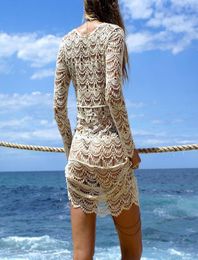 Women Beach Cover Up Crochet Womens Swimwear V Neck Hollow Out White Dress Ladies Bathing Suit Ups Tunic Saida De3851906