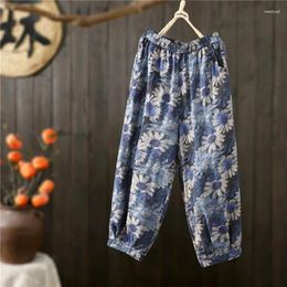 Women's Pants 2024 Summer Arts Style Women Elastic Waist Loose Casual Ankle-length Vintage Floral Print Cotton Linen Harem P13