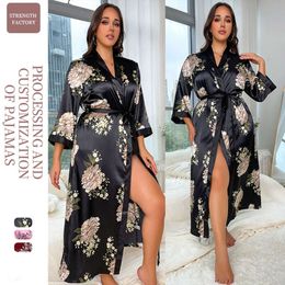 Fat Plus Size Pajamas Women's Fashion Casual Loose Print Pajamas Women's Long Imitation Silk Sexy Sleepwear