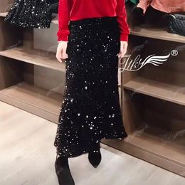 Skirts 2024 Spring Autumn Elastic High Waist A-line Skirt Sequin Fishtail Velvet Sexy Long Women's