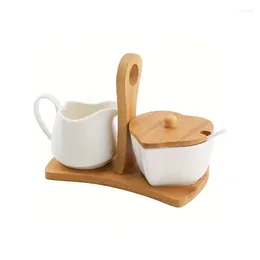 Dinnerware Modern Heart Shaped Ceramic Sugar And Creamer Bowl Set With Bamboo Tray