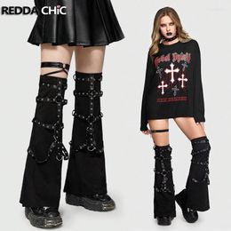 Women Socks REDDACHiC Gothic With Leather Harness Patchwork Steampunk Retro Black Thigh-high Y2k Boots Cover Long