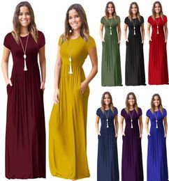 High quality women summer dress short sleeve o neck Solid Color Pocket Dress Casual Long Maxi Party Summer Beach Pocket simple XXL1986467