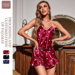 New Fashion Love Sexy Pajama Set Summer Simulation Silk Sling Pajama Casual Comfortable Home Clothing