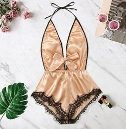 Sexy Lingerie Women Satin Babydoll Teddy Deep V Splice Lace Bow Halter Backless Sleepwear Pyjamas Underwear Langerie Costumes2123709