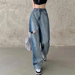 Women's Jeans Summer Vintage INS Trend Gradient Colour Pants With Holes High Waist Wide Leg