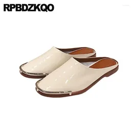 Slippers Y2k Flats Patent Leather Half Shoes Sandals Modern Trending Slides Mules Closed Toe Metal Women Holiday Square Slip On