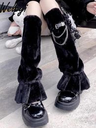 Women Socks Japanese Girl Y2K Black Plush 2024 Autumn And Winter Harajuku Chain Leg Ring Cover Warmers Female