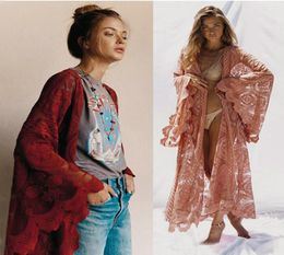 2019 Summer Autumn Womens Print Flower Outer Lace Cardigan Long Boho Tunic Maxi Dress Casual Holiday Beach Wear pink Red Sundress 2787704