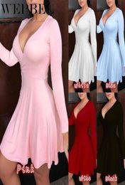 WEPBEL Solid Colour Long Sleeve Deep V Neck Slim Fit Dress High Waist Summer Dress Plus Size Women Fashion6053314