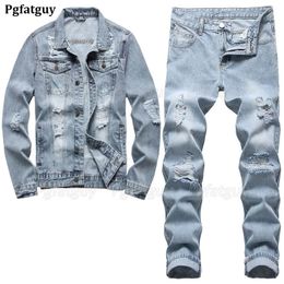 Simple Casual Men 2 Piece Sets Ripped Hole Slim-fit Long Sleeve Denim Jacket Matching Jeans Light Blue Spring Summer Ropa Hombre 240507