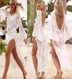 Sexy Backless Lace Beach Dress Women Hollow Out High Split Long Flare Sleeve Charm Elegant Ladies Vestidos Girls Seaside Clothes15326950