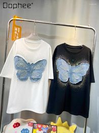 Women's T Shirts Fashion Heavy Industry Stitching Rhinestone Butterfly T-shirt Female Summer Loose Mid-Length Round Neck White Cotton Top