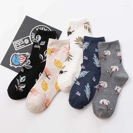 Women Socks Casual Daily For Retro Plant Flower Design Cotton Soft Breathable Crew Middle Tube Sock Cartoon Girls Sox 5 Pairs