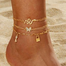 Anklets Fashion Gold Colour Snake Ankle Bracelet Set For Women Vintage Butterfly Key Lock Charm Anklet Chain On Leg Jewellery Gift
