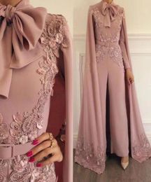 Nude Pink Muslim Jumpsuit with long wrap Evening Dresses Beaded High Neck Long Sleeves Elegant Prom Party Gowns Zuhair Murad Celeb1776262