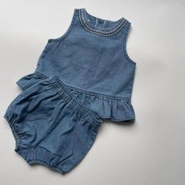 Clothing Sets Ins Summer Girl Children Denim Outfits Girls Baby Embroidery Ruffle Sleeveless Tops Shorts 2pcs Infant Cotton Casual Vest Suit