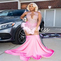 Elegant Pink Prom Dresses With Diamond Crystal Elegant Mermaid Black Women Evening Dress 2024 See Throgh Leg Feather Formal Dress Fancy Birthday Plus Size Mariage