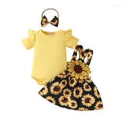 Clothing Sets Summer Infant Baby Girls Outfits Short Sleeve Romper Sunflower Suspender Skirt Headband Set Clothes