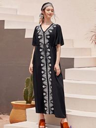 Elegant Embroidered Black Cotton Tunic Women Beachwear Kaftan Sexy V-Neck Butterfly Sleeve Summer Dress Beach CoverUp Q1042