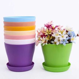 Planters Pots 5PC Flower Pot Colored Durable Resin Plant Flower Pot Glossy Plant Home Garden Decoration with Sauce Tray Drainage HolesQ240517