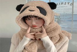 Berets Fashion Winter Panda Faux Fur Beanies Caps Hat Scarf Gloves Set Plush Women8782711