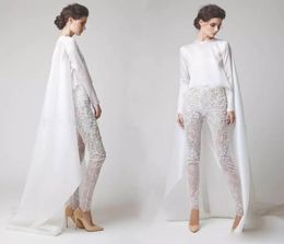 White Lace Jumpsuits Women Prom Dresses With Cape Pearls Long Sleeves Evening Dress Pants Fashion Formal Gowns Vestido De Festa2759674