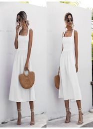 Women Long Dress Summer Sexy Backless Casual White Black Ruched Slip Midi Sundresses Ladies Spaghetti Strap Vestido Clothes 2103156059093