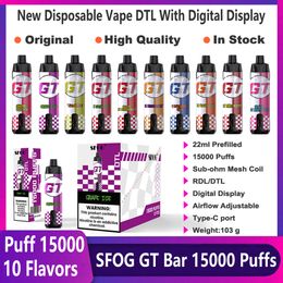 original 15000 puff 15k disposable vapes e cigarette shisha DTL SFOG GT BAR 15k puff 15000 vaper 22ml pod digital display vape pen vs al stick fakher elf 18000 18k 20000