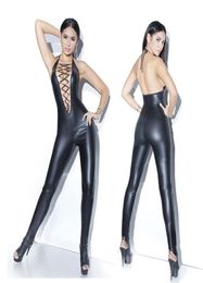 Women Sexy Lace Up Catsuit Sleeveless Deep V Neck Bodysuit Slim Faux Leather Backless Long Jumpsuit Party Clubwear8939066