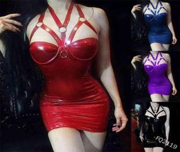 S5XL Sexy Gothic Corset Choker Dress Leather Skinny Bodycon Mini Halter Neck Short Dress Women Punk Club For Girls Plus Size 21035721274