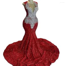 Party Dresses Sparkly Red Prom Dress For Black Girls Diamond Beaded Sequin Mermaid Evening O Neck Sleeveless Formal Birthday Gowns