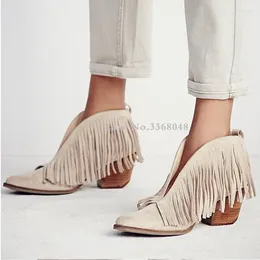 Boots 2024 Sexy Front V Open Women Ankle Chunky 7 CM High Heels Slip On Tassels Pumps Fringed Summer Autumn