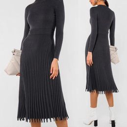 Colour Women Long Sleeve Ribbed Knit Midi Sweater Dress Mock Neck Slim Fit Pleated Flare High Waist Solid Streetwear5552618