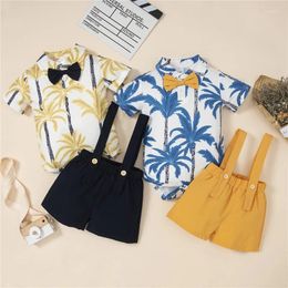 Clothing Sets Toddler Infant Boys Summer Gentleman Clothes Leaves Print Bow Tie Short Sleeve Romper And Bib Straps Shorts 2Pcs Suits