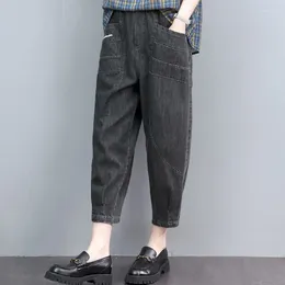 Women's Jeans Women Vintage Pocket Elastic High Waist Vaqueros Street Baggy Pants Summer Ankle-length Denim Trousers Casual Harem U219