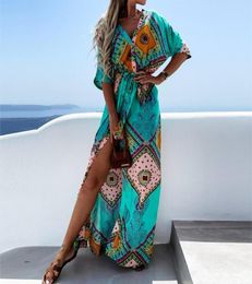 Women039s Swimwear Summer Vacation Beach Print Boho Dress Swimsuit Robe Elegant Button High Slit Long Skirt Sexy Vneck Tie Ret8321100