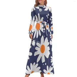 Casual Dresses Daisies White Blue Dress High Waist Abstract Flowers Design Print Bohemia Long Sleeve Maxi Trendy Vestidos