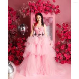 Party Dresses Sweet Strapless Sleeveless Prom Dress Pink Fashion Tiered Pleat Tulle Ball Gowns Elegant Sweep Train Evening 2024