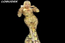 Golden Yellow Shining Crystals Jumpsuit Sparkly Diamond Sexy Rompers female Singer Prom Stage costumes Celebration Party Costume P1081964