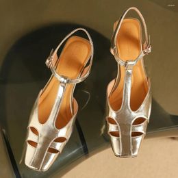 Casual Shoes Large Size 34-41 Women's Genuine Leather Gold Silver Hollow-out Summer T-strap Sandals Square Toe Slingback Elegant Flats