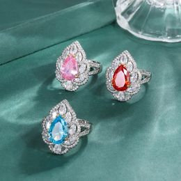 Cluster Rings Charms Claw Inlaid Water Droplet Paraiba Pink High Carbon Diamond Adjustable Ring Retro Women Jewellery Wedding Anniversary Gift