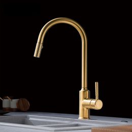 gold brass kitchen faucet 1 hole Single handle Cold hot dual-control Pull-out design Dual-function sink Tap